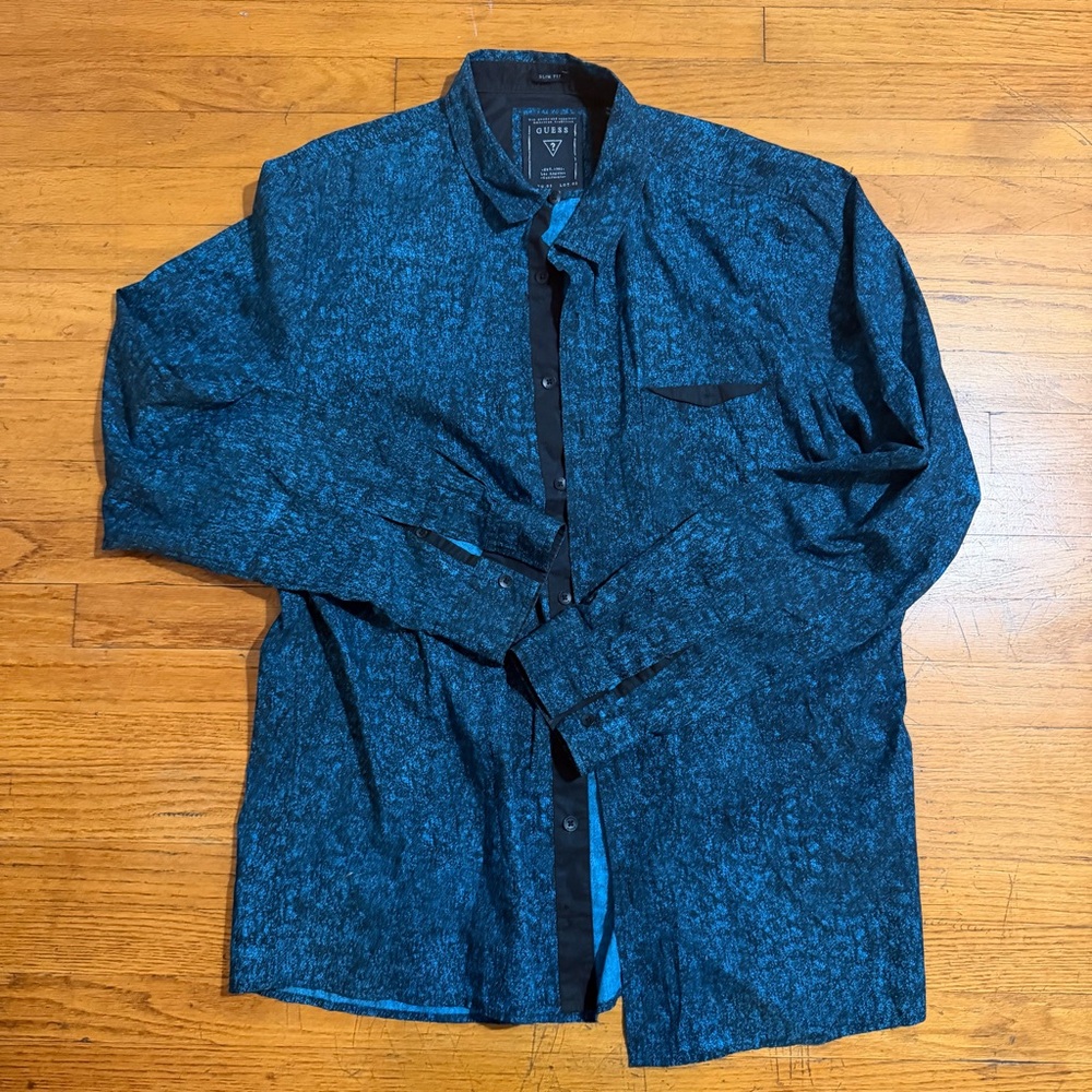 Guess Men's Slim Fit Blue Button-Up Shirt